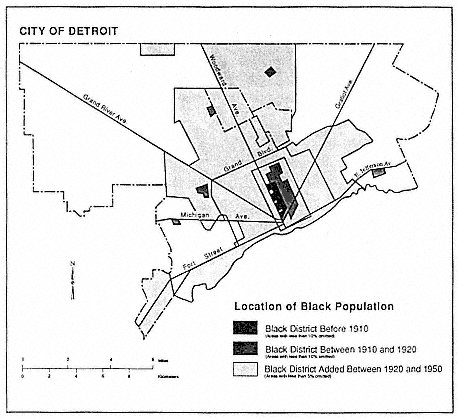 Location of black population, 1910to 1950. Map prepared by Bradley Davis, Department  of Geography and Urban Affairs, Michigan State Universit