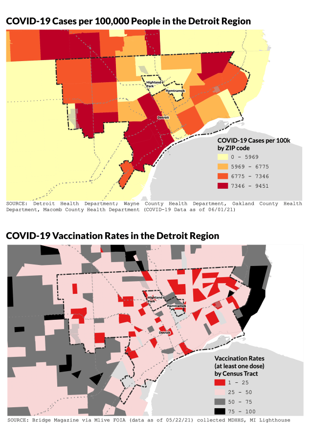 Map: Detroit COVID-19 Cases versus Vaccination Rates 2021 | DETROITography